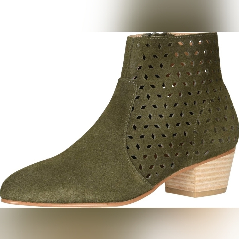 Soludos Lola Perforated Pointed Toe Heeled Ankle Bootie Boots Olive Suede